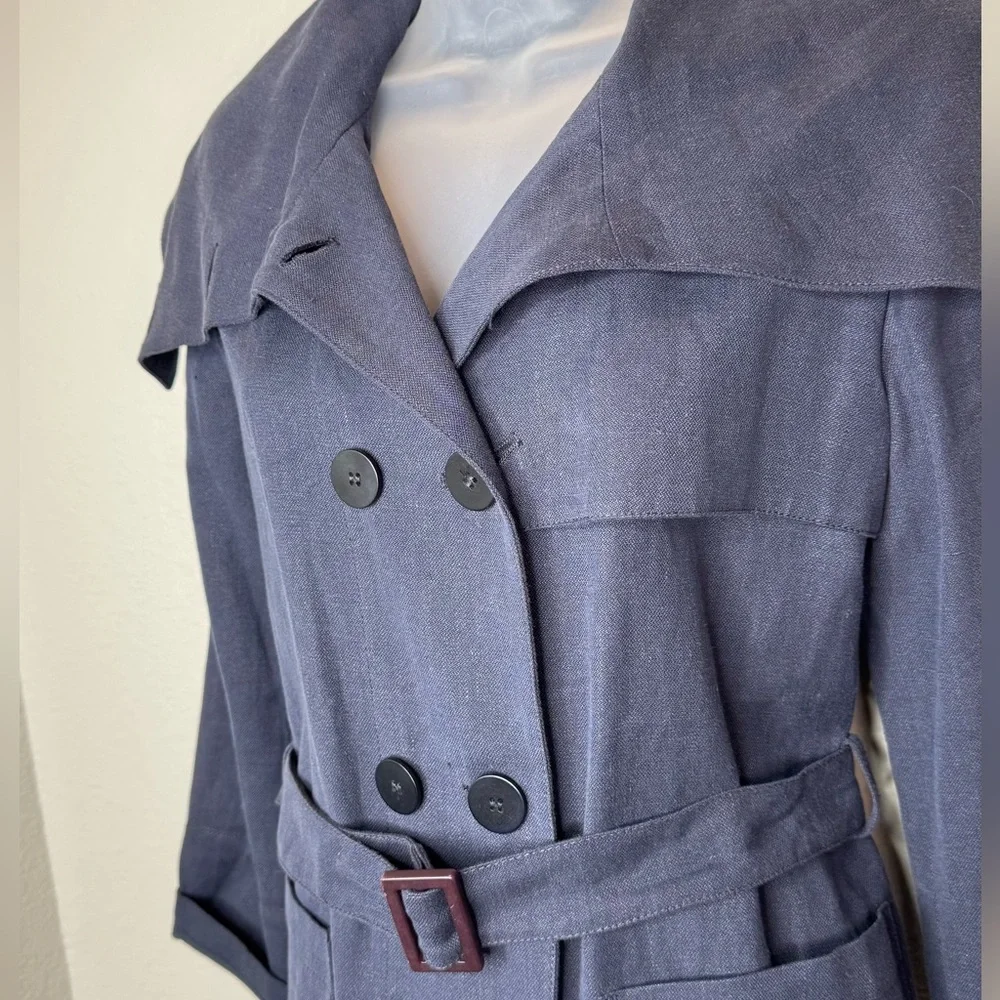 Giorgio Armani Short‎ Belted Trench Jacket Linen Blend M Navy Blue